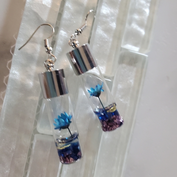 Blue Wish Flowers Glass Bottle Dangle Earrings - Picture 5 of 9